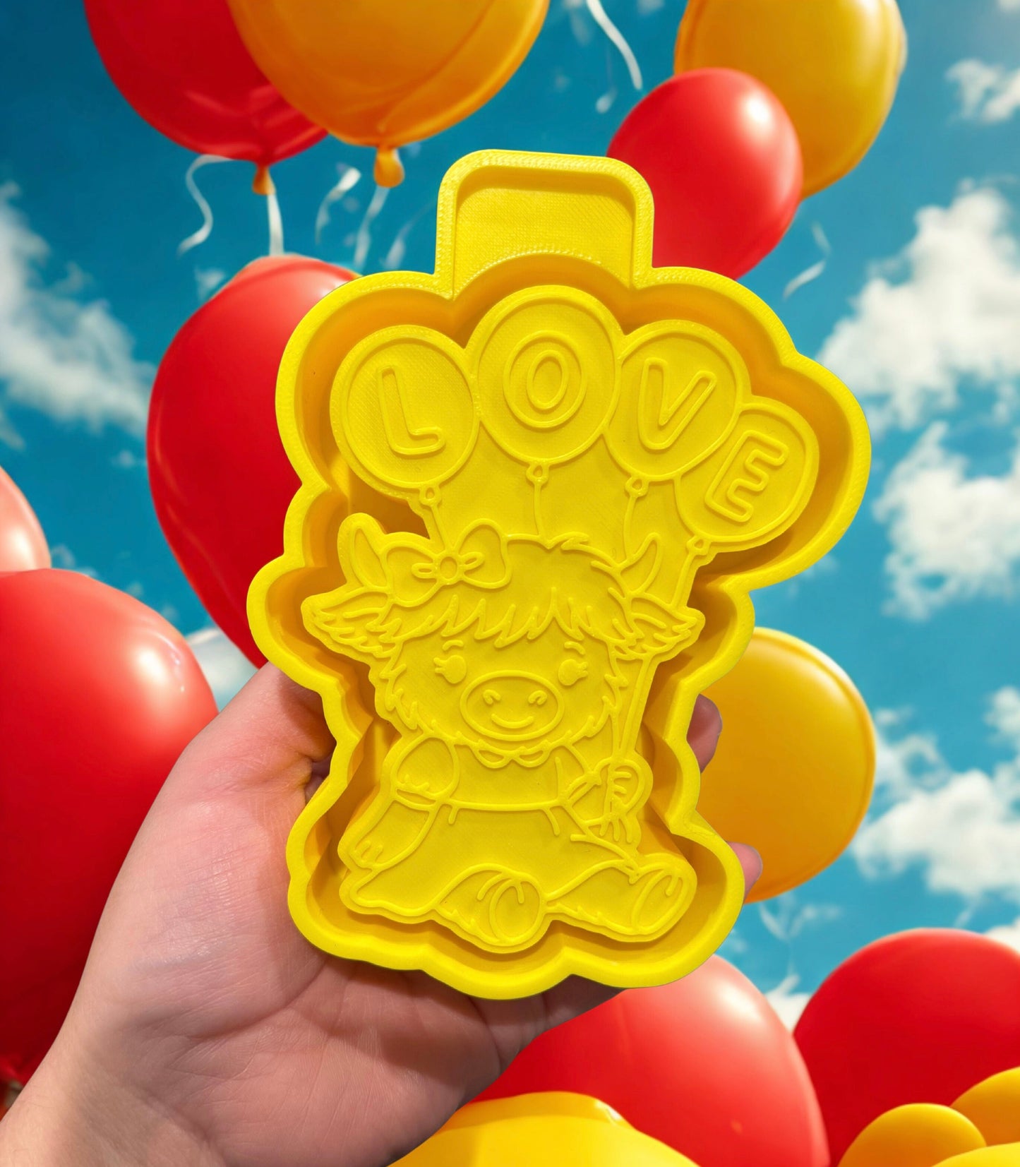 Highland Cow with Love Balloons