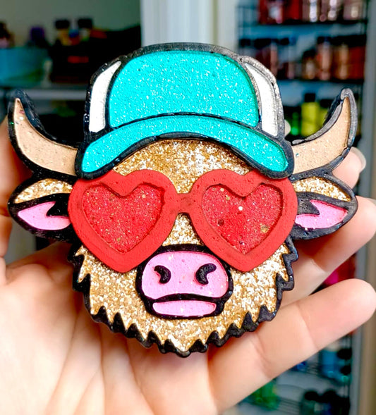 Heart Glasses and Baseball Cap Cool Highland Cow Mold